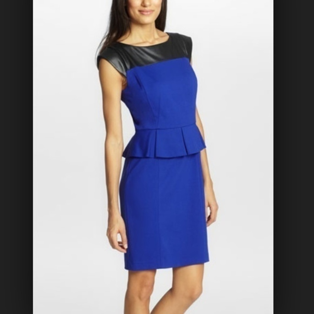 Blue peplum and imitation leather dress